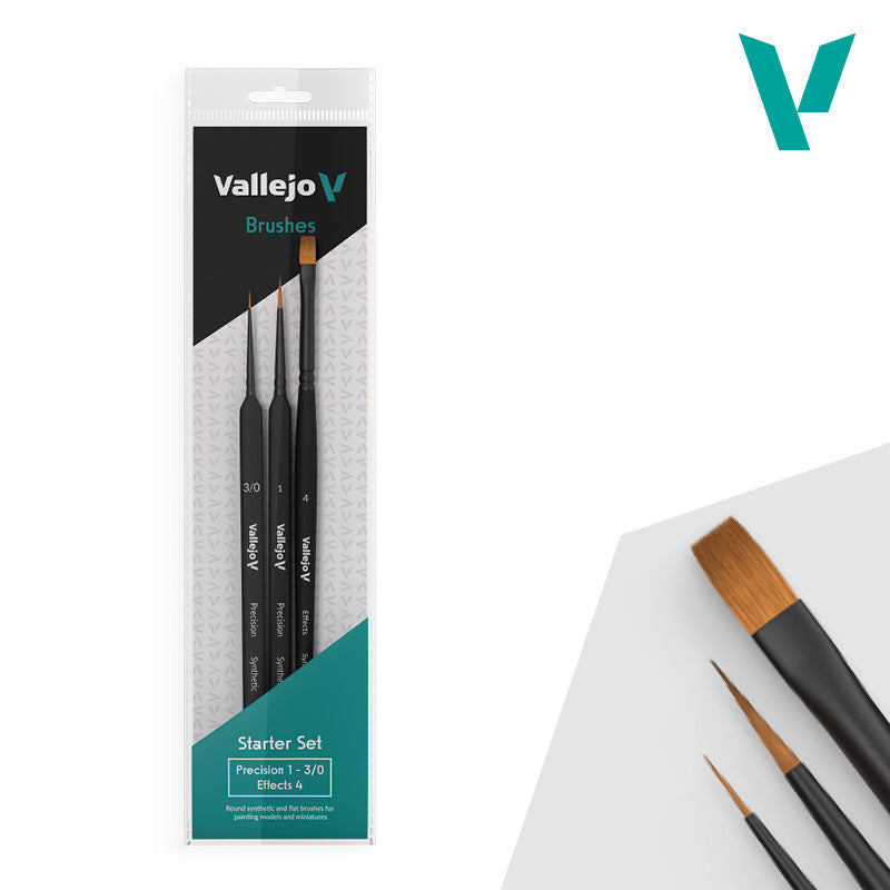 Vallejo - Hobby Brushes: Precision Starter Set (Round No. 1, 3/0, Flat No. 4 Synthetic)
