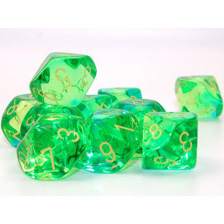 CHX 26266 Gemini Translucent Green-Teal/yellow Set of 10 d10s