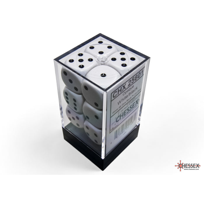 CHX 25601 Opaque White/black 16mm d6 Dice Block (12 dice)