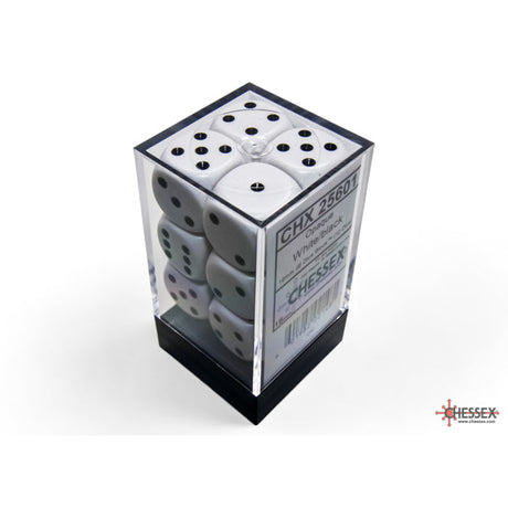 CHX 25601 Opaque White/black 16mm d6 Dice Block (12 dice)