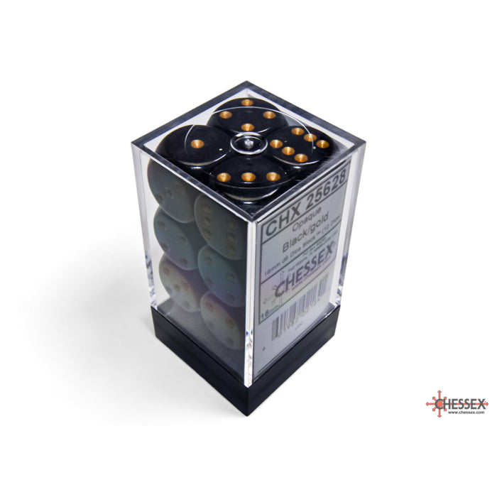 CHX 25628 Opaque Black/gold 16mm d6 Dice Block (12 dice)