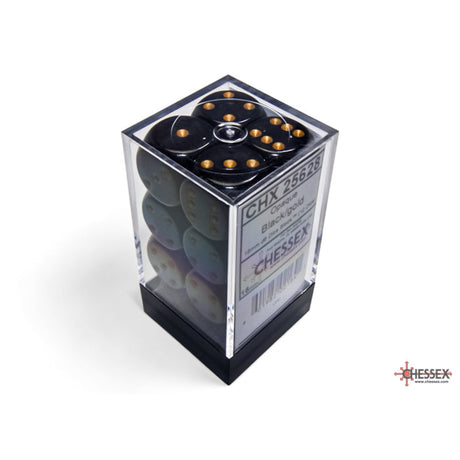 CHX 25628 Opaque Black/gold 16mm d6 Dice Block (12 dice)