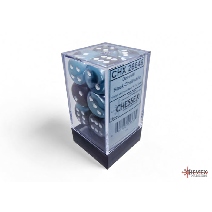 CHX 26646 Gemini Black-Shell/white 16mm d6 Dice Block (12 dice)