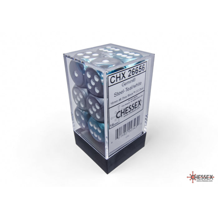 CHX 26656 Gemini Steel-Teal/white 16mm d6 Dice Block (12 dice)