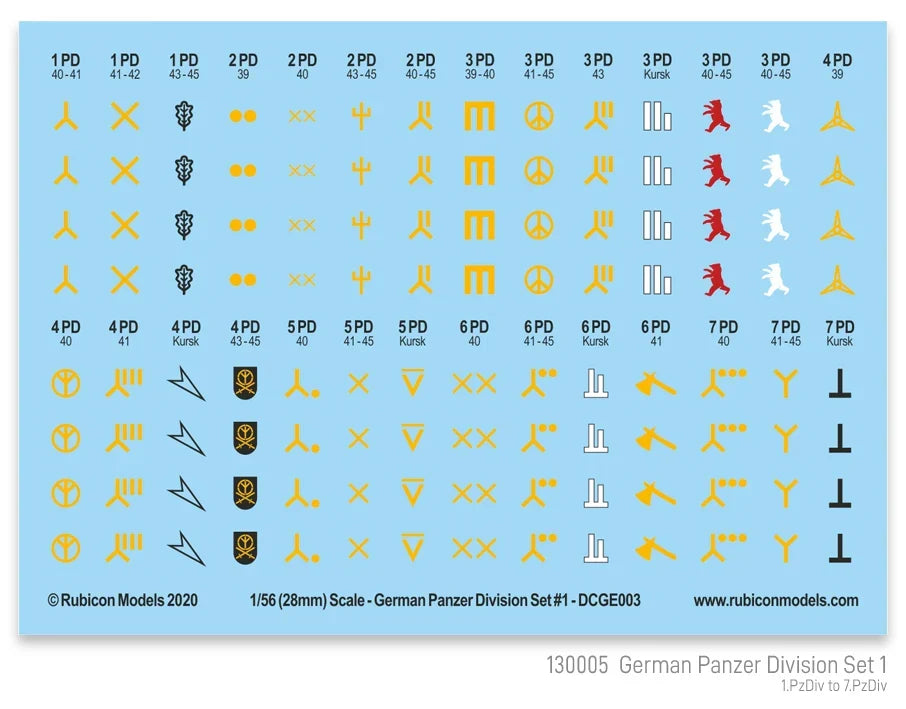 Rubicon Miniatures - German Panzer Division Set 1 Decal Sheet